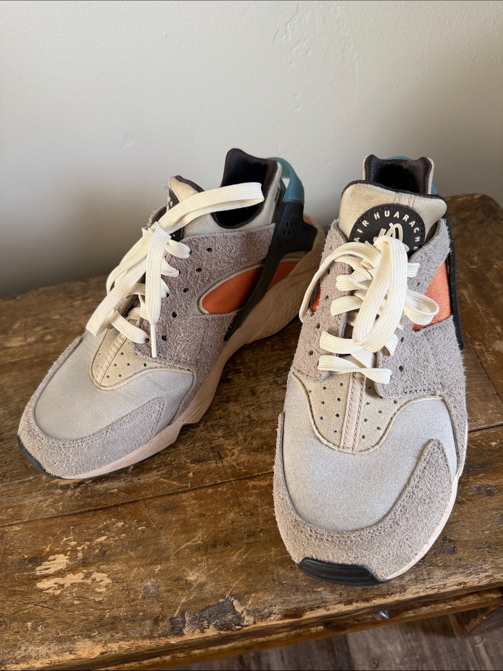 Nike Huarache Suede Mesh Sneakers - Gray with Orange Accent Size 9
